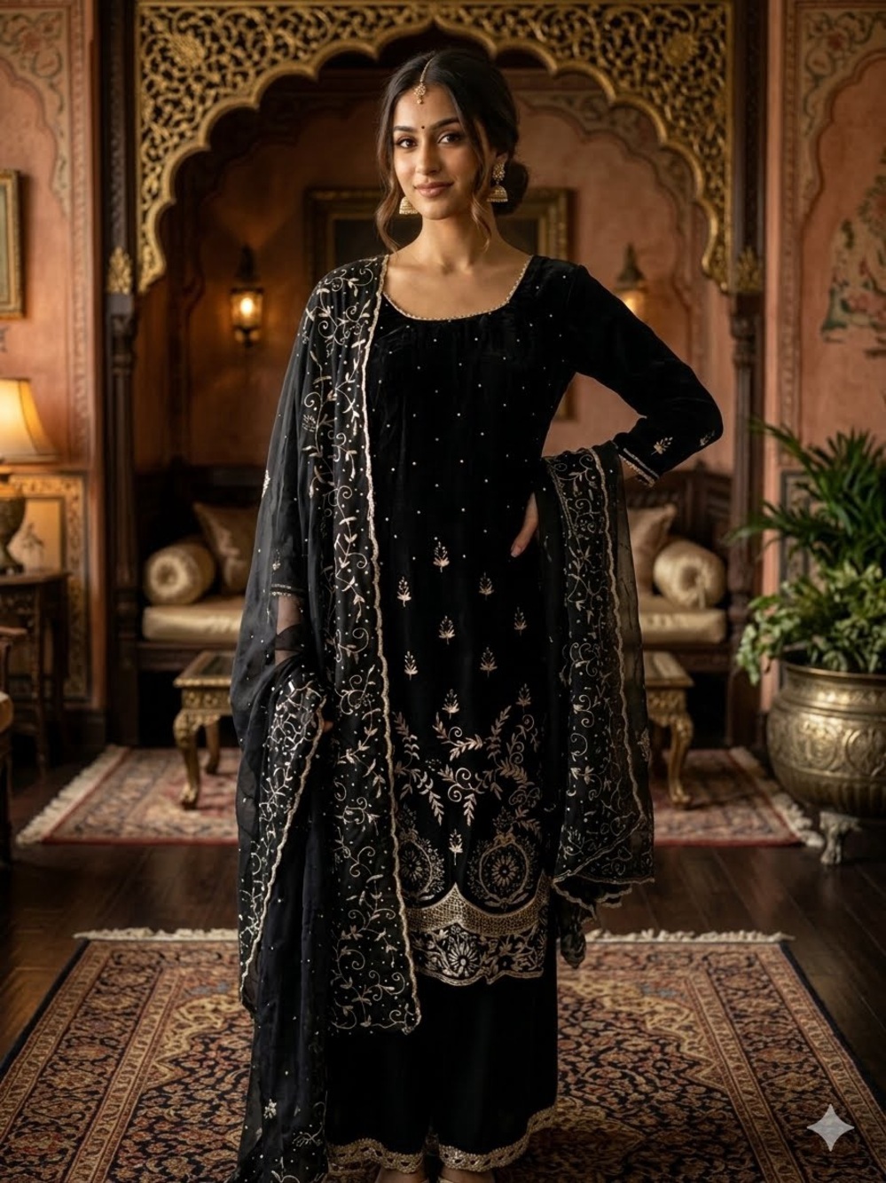 Black Sharara Salwar Kameez Embroidered 3-Pc Set Size XS / S